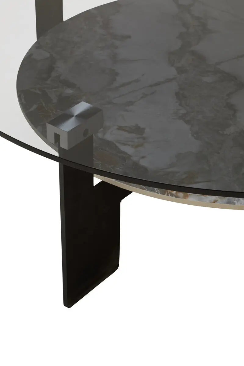 Grey Glass Large Round Top Coffee Table with Marble Effect Ceramic Lower Shelf and Black Metal Frame, Imperia