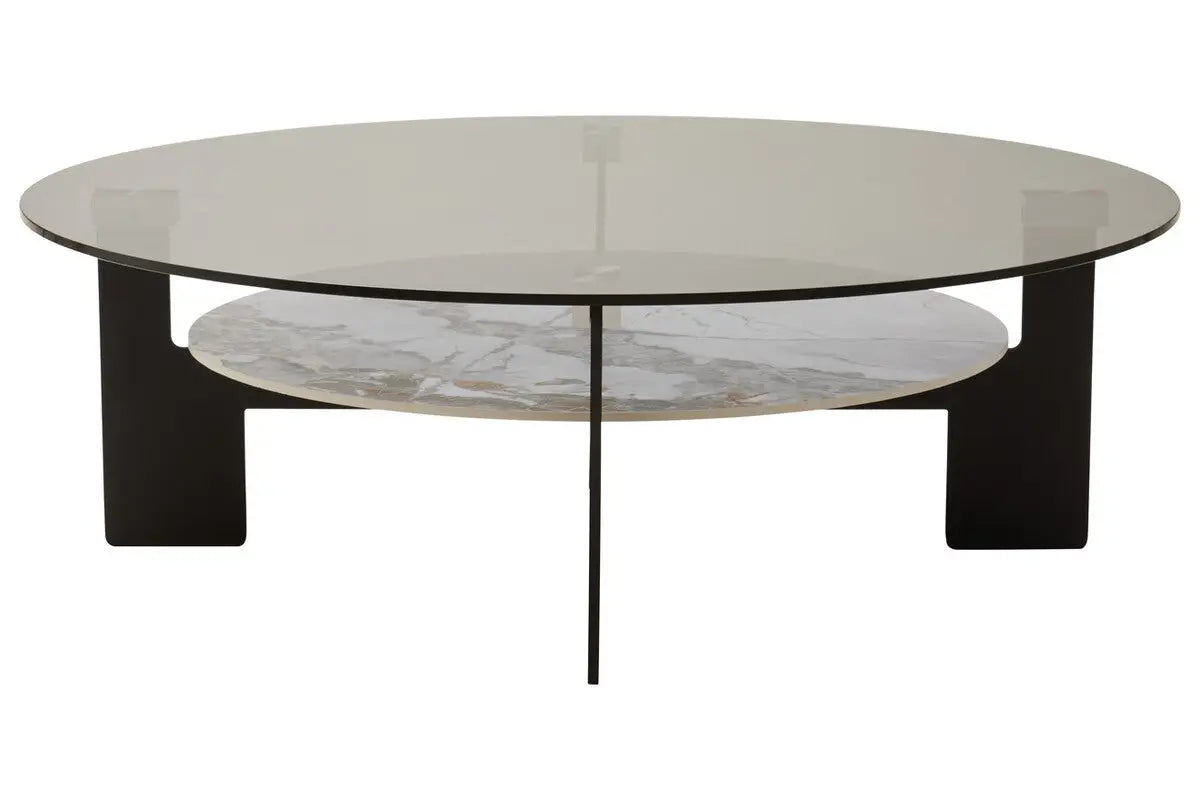 Grey Glass Large Round Top Coffee Table with Marble Effect Ceramic Lower Shelf and Black Metal Frame, Imperia