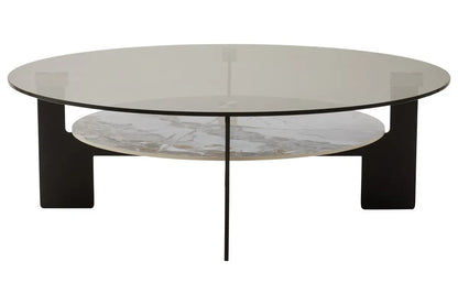 Grey Glass Large Round Top Coffee Table with Marble Effect Ceramic Lower Shelf and Black Metal Frame, Imperia