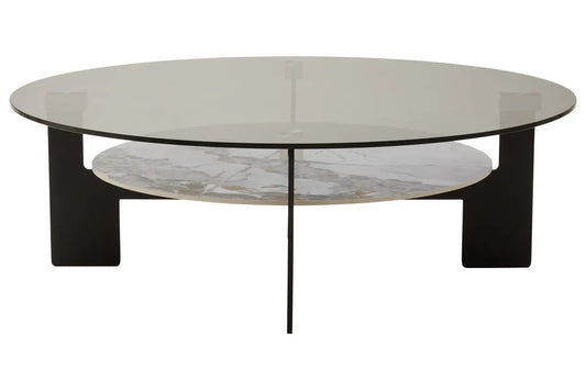 Grey Glass Large Round Top Coffee Table with Marble Effect Ceramic Lower Shelf and Black Metal Frame | Imperia