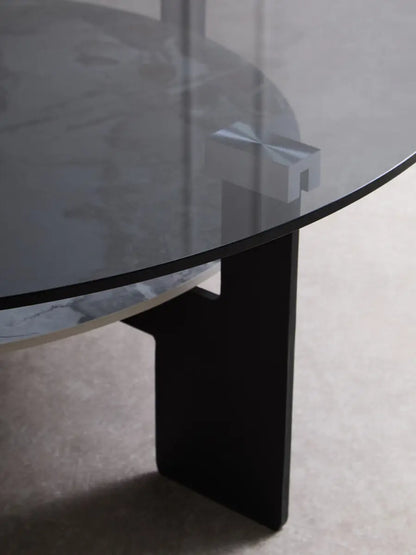 Grey Glass Large Round Top Coffee Table with Marble Effect Ceramic Lower Shelf and Black Metal Frame, Imperia