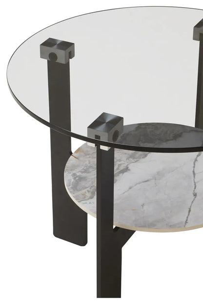 Grey Glass Round Top Coffee Table with Marble Effect Ceramic Shelf and Black Metal Legs, Imperia