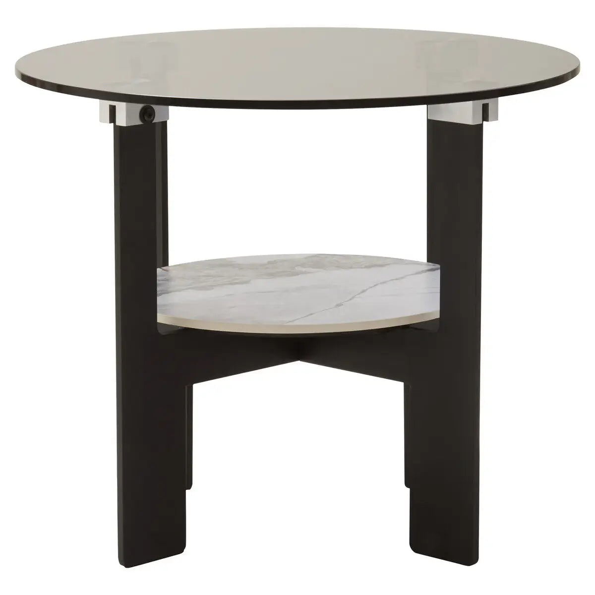 Grey Glass Round Top Coffee Table with Marble Effect Ceramic Shelf and Black Metal Legs, Imperia