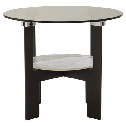 Grey Glass Round Top Coffee Table with Marble Effect Ceramic Shelf and Black Metal Legs, Imperia
