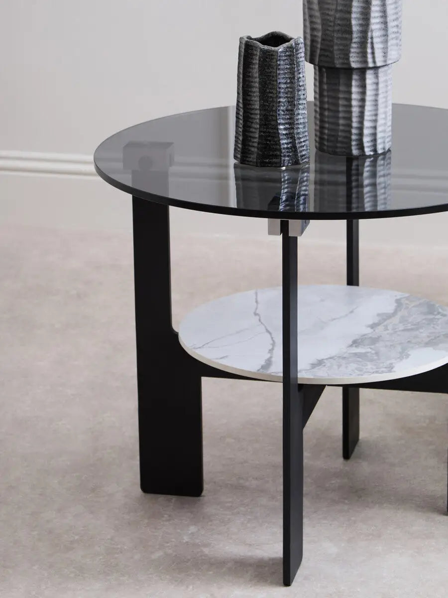 Grey Glass Round Top Coffee Table with Marble Effect Ceramic Shelf and Black Metal Legs, Imperia