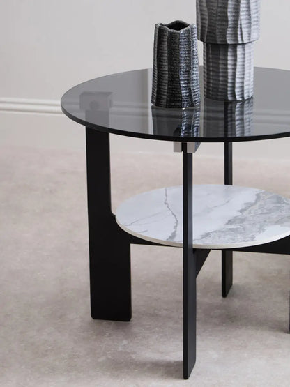 Grey Glass Round Top Coffee Table with Marble Effect Ceramic Shelf and Black Metal Legs, Imperia