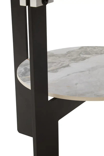 Grey Glass Round Top Coffee Table with Marble Effect Ceramic Shelf and Black Metal Legs, Imperia