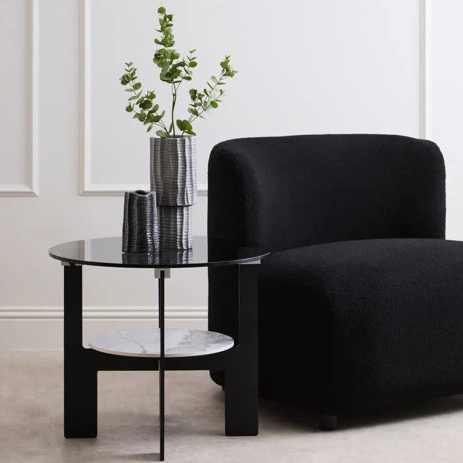 Grey Glass Round Top Coffee Table with Marble Effect Ceramic Shelf and Black Metal Legs, Imperia