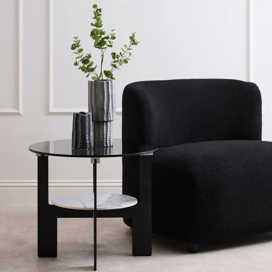 Grey Glass Round Top Coffee Table with Marble Effect Ceramic Shelf and Black Metal Legs, Imperia