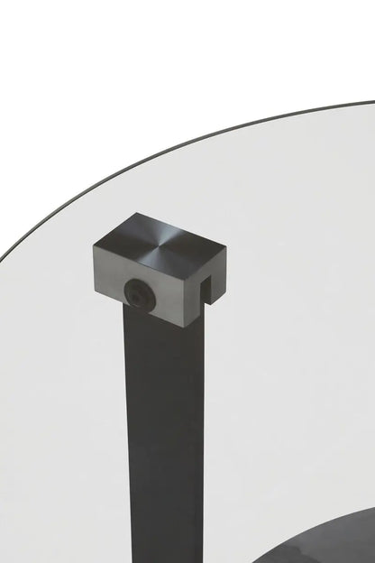 Grey Glass Round Top Coffee Table with Marble Effect Ceramic Shelf and Black Metal Legs, Imperia