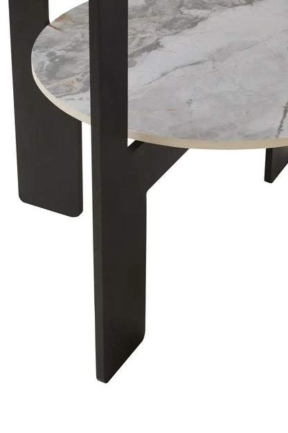 Grey Glass Round Top Coffee Table with Marble Effect Ceramic Shelf and Black Metal Legs, Imperia
