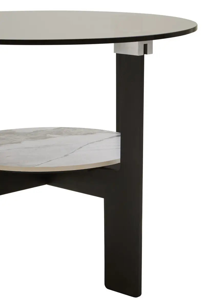 Grey Glass Round Top Coffee Table with Marble Effect Ceramic Shelf and Black Metal Legs, Imperia