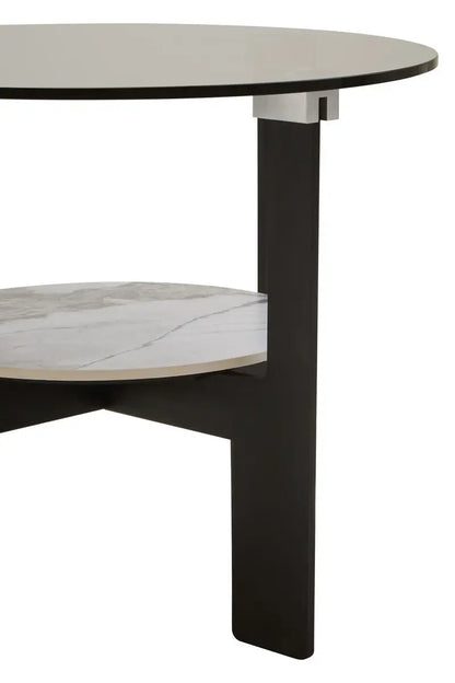 Grey Glass Round Top Coffee Table with Marble Effect Ceramic Shelf and Black Metal Legs, Imperia