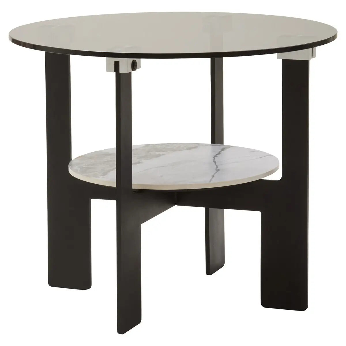 Grey Glass Round Top Coffee Table with Marble Effect Ceramic Shelf and Black Metal Legs, Imperia