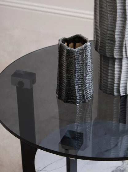 Grey Glass Round Top Coffee Table with Marble Effect Ceramic Shelf and Black Metal Legs, Imperia