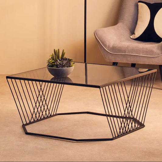 Grey Glass Top Coffee Table with Black Wireframe Design | Trento
