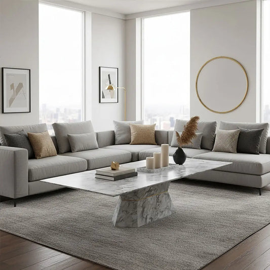 Grey Marble Coffee Table with Geometric Multifaceted Base and Natural Veining | Spezia