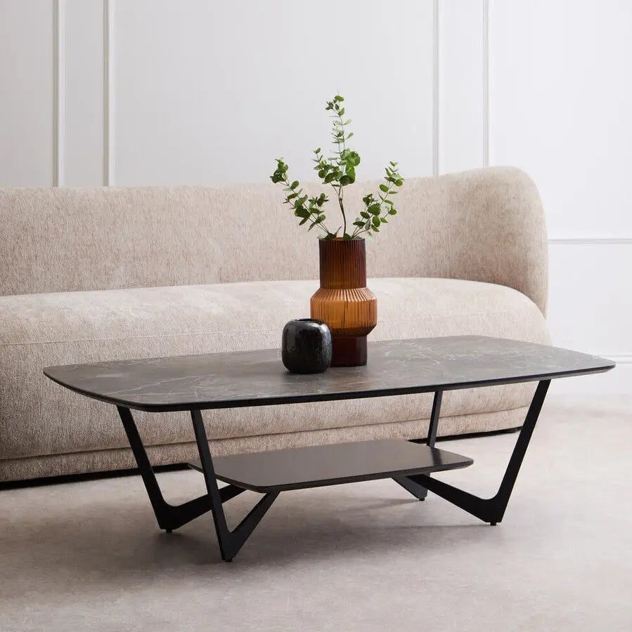 Grey Marble Effect Ceramic Top Coffee Table with Black Metal Legs and Lower Shelf, Imperia