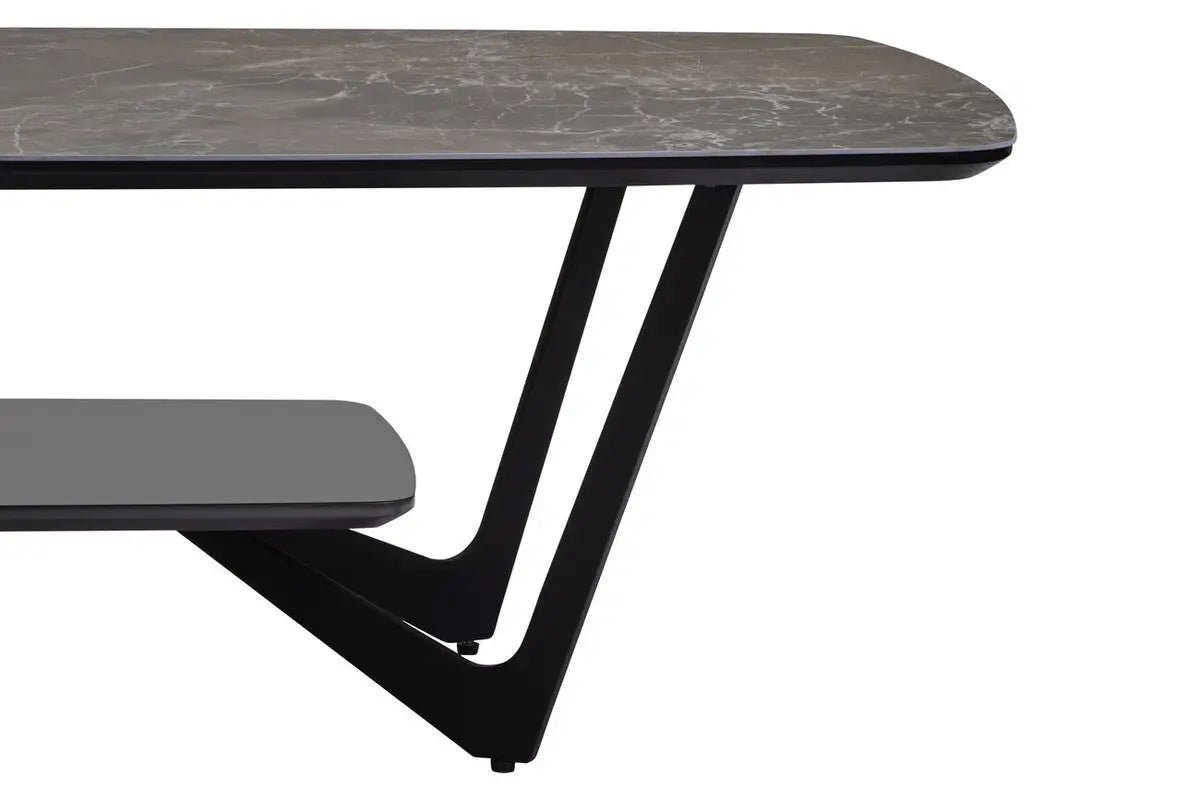 Grey Marble Effect Ceramic Top Coffee Table with Black Metal Legs and Lower Shelf, Imperia