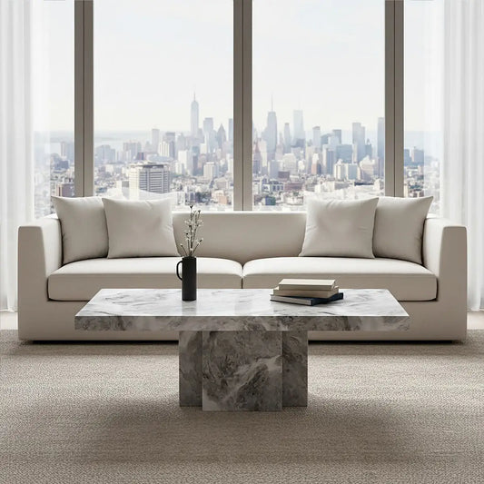 Grey Marble Top Coffee Table with Pedestal Base and Silver Metal Trim | Saronno