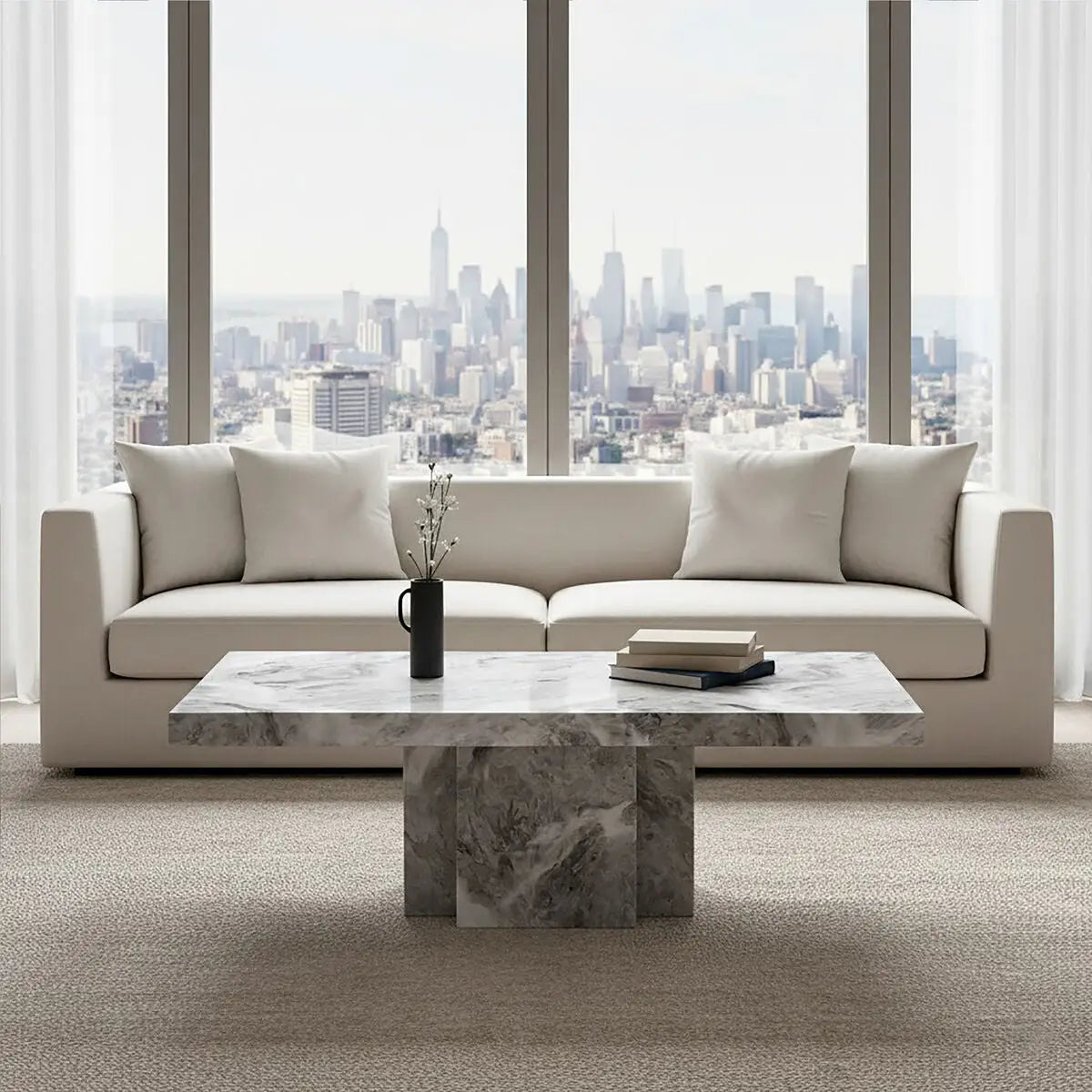 Grey Marble Top Coffee Table with Pedestal Base and Silver Metal Trim, Saronno