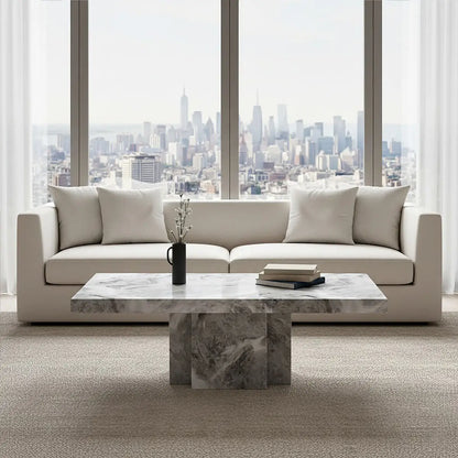 Grey Marble Top Coffee Table with Pedestal Base and Silver Metal Trim, Saronno