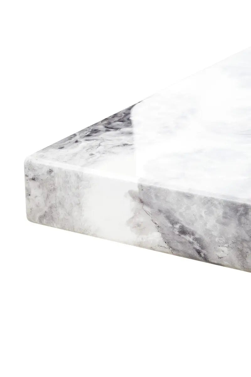 Grey Marble Top Coffee Table with Pedestal Base and Silver Metal Trim, Saronno