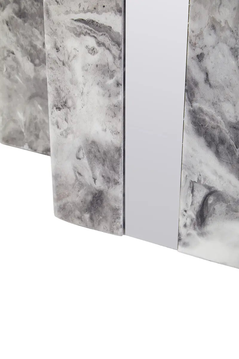 Grey Marble Top Coffee Table with Pedestal Base and Silver Metal Trim, Saronno
