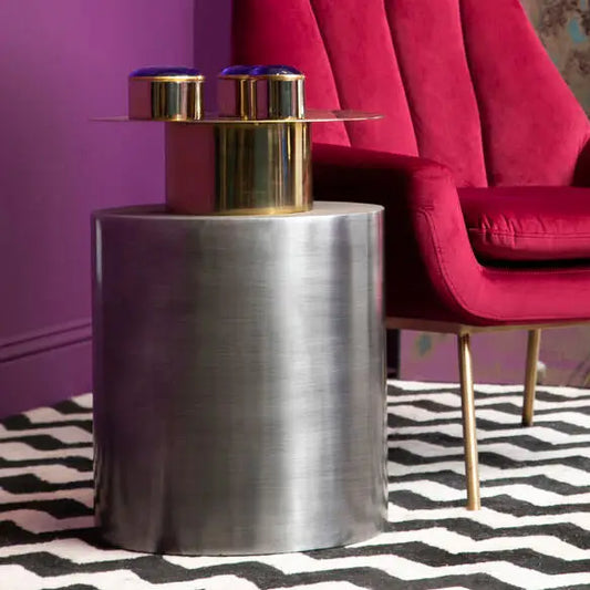 Grey Metal Straight Base Accent Table with Warm Metallic Gold Top, Rabia