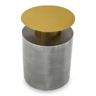 Grey Metal Straight Base Accent Table with Warm Metallic Gold Top, Rabia