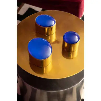 Grey Metal Straight Base Accent Table with Warm Metallic Gold Top, Rabia