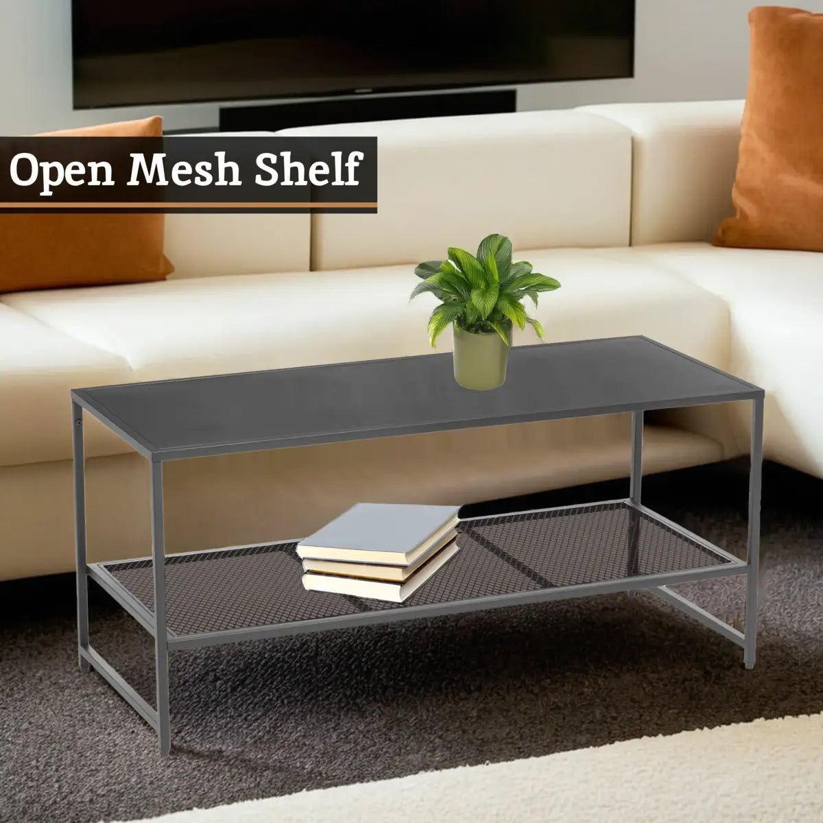 Grey Powder Coated Metal Coffee Table with Lower Mesh Display Shelf, Acero
