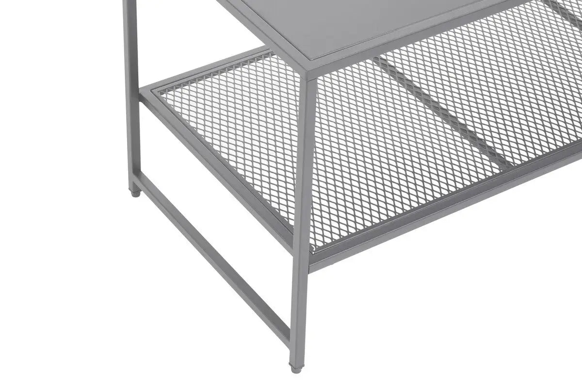 Grey Powder Coated Metal Coffee Table with Lower Mesh Display Shelf, Acero