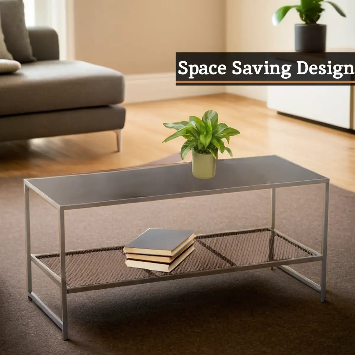 Grey Powder Coated Metal Coffee Table with Lower Mesh Display Shelf, Acero