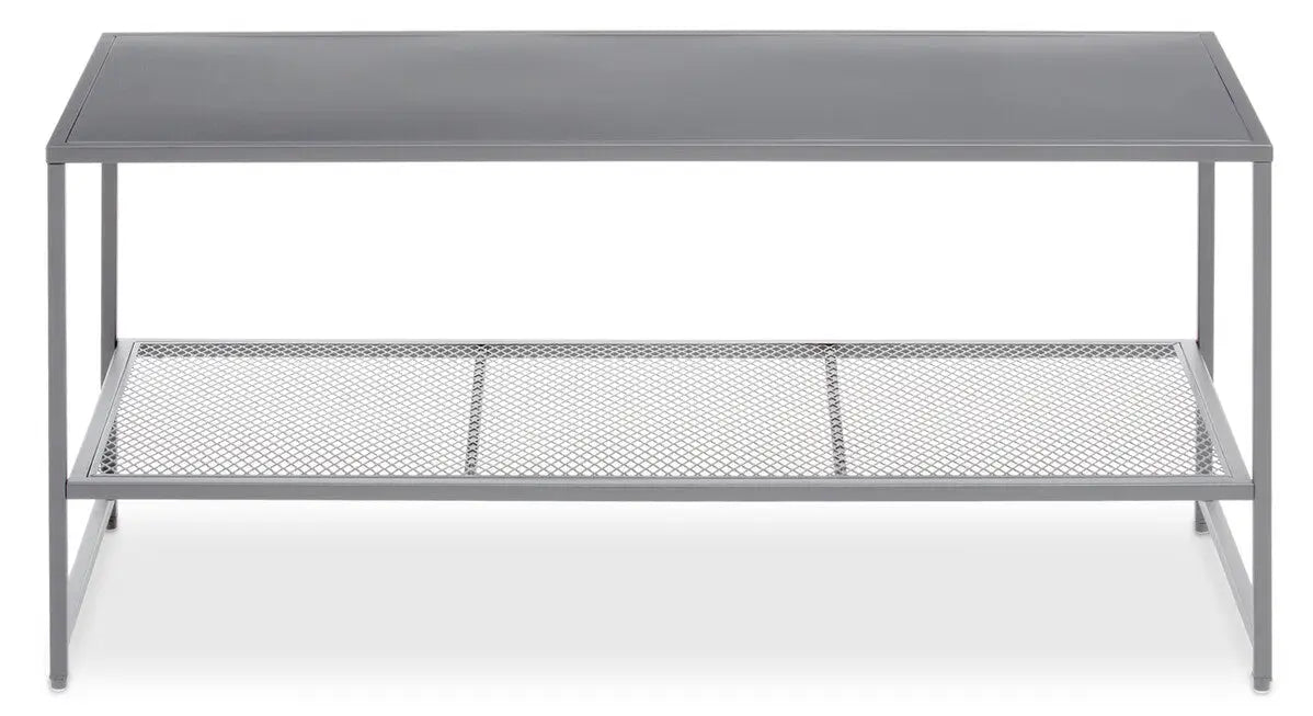 Grey Powder Coated Metal Coffee Table with Lower Mesh Display Shelf, Acero