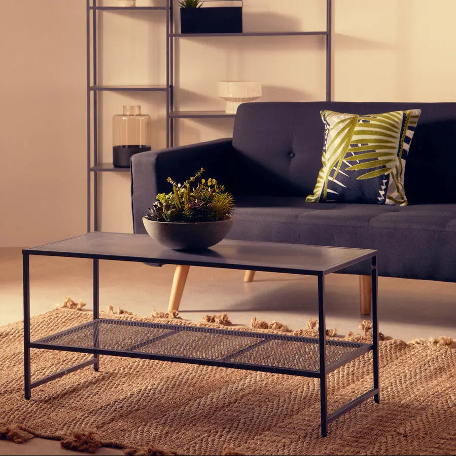 Grey Powder Coated Metal Coffee Table with Lower Mesh Display Shelf, Acero