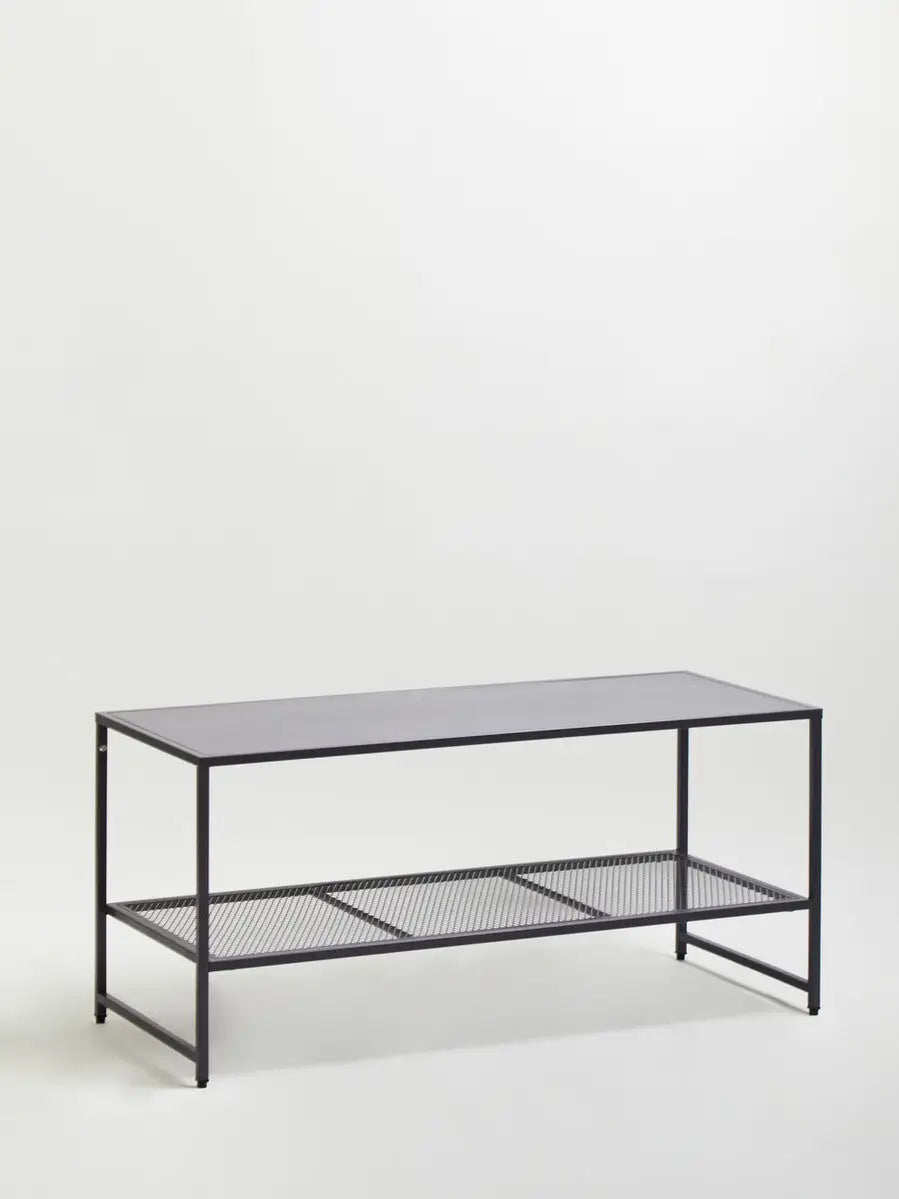 Grey Powder Coated Metal Coffee Table with Lower Mesh Display Shelf, Acero