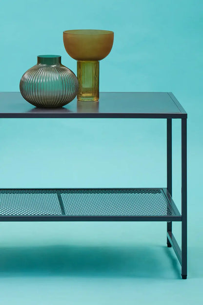 Grey Powder Coated Metal Coffee Table with Lower Mesh Display Shelf, Acero