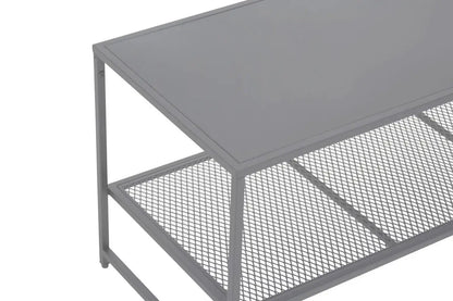 Grey Powder Coated Metal Coffee Table with Lower Mesh Display Shelf, Acero