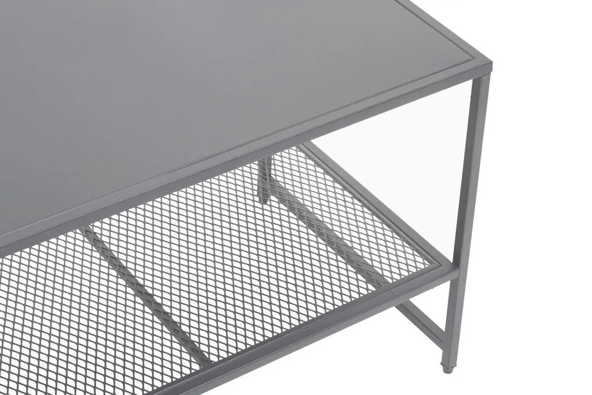 Grey Powder Coated Metal Coffee Table with Lower Mesh Display Shelf, Acero