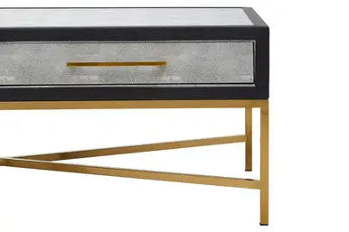 Grey Shagreen Effect Coffee Table with Two Drawers and Brushed Matte Gold Cross Leg Frame, Cadiz