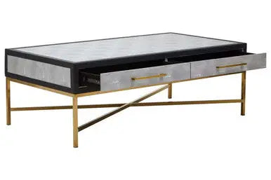Grey Shagreen Effect Coffee Table with Two Drawers and Brushed Matte Gold Cross Leg Frame, Cadiz