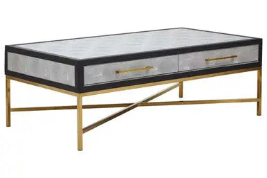 Grey Shagreen Effect Coffee Table with Two Drawers and Brushed Matte Gold Cross Leg Frame, Cadiz