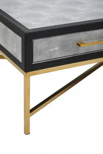 Grey Shagreen Effect Coffee Table with Two Drawers and Brushed Matte Gold Cross Leg Frame, Cadiz