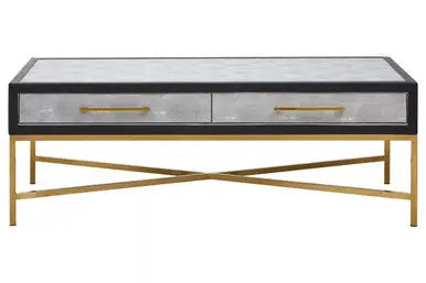 Grey Shagreen Effect Coffee Table with Two Drawers and Brushed Matte Gold Cross Leg Frame, Cadiz