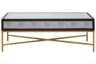 Grey Shagreen Effect Coffee Table with Two Drawers and Brushed Matte Gold Cross Leg Frame, Cadiz