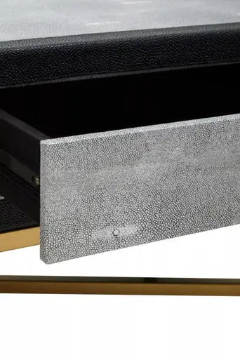 Grey Shagreen Effect Coffee Table with Two Drawers and Brushed Matte Gold Cross Leg Frame, Cadiz