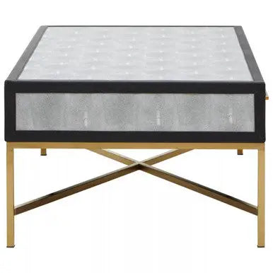 Grey Shagreen Effect Coffee Table with Two Drawers and Brushed Matte Gold Cross Leg Frame, Cadiz