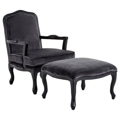 Grey Velvet Chair and Footstool | Rococo