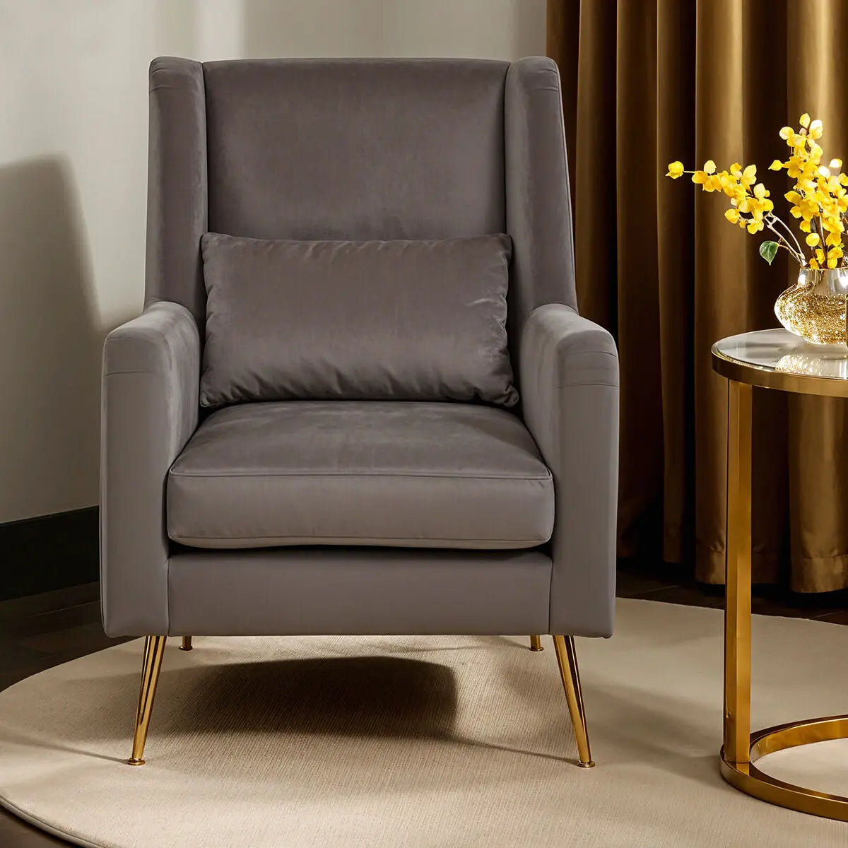 Grey Velvet Chair with Gold Finish Legs | Doucet